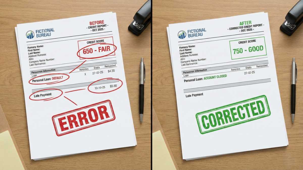 credit report showing red error markings and updated credit report showing corrected entries