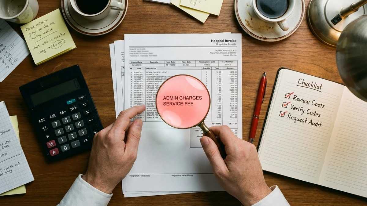 A pair of hands holding a magnifying glass over a detailed hospital invoice.