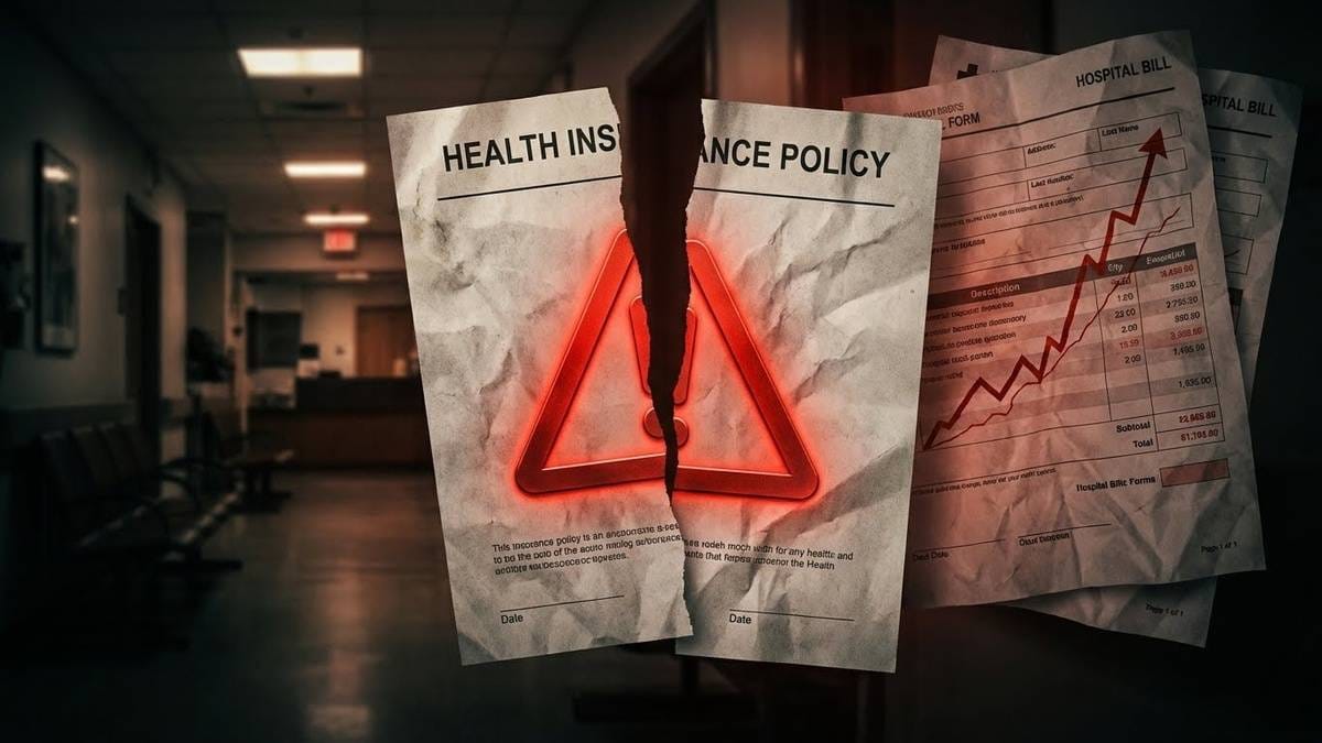 Health insurance document torn in half over hospital background, large red warning symbol