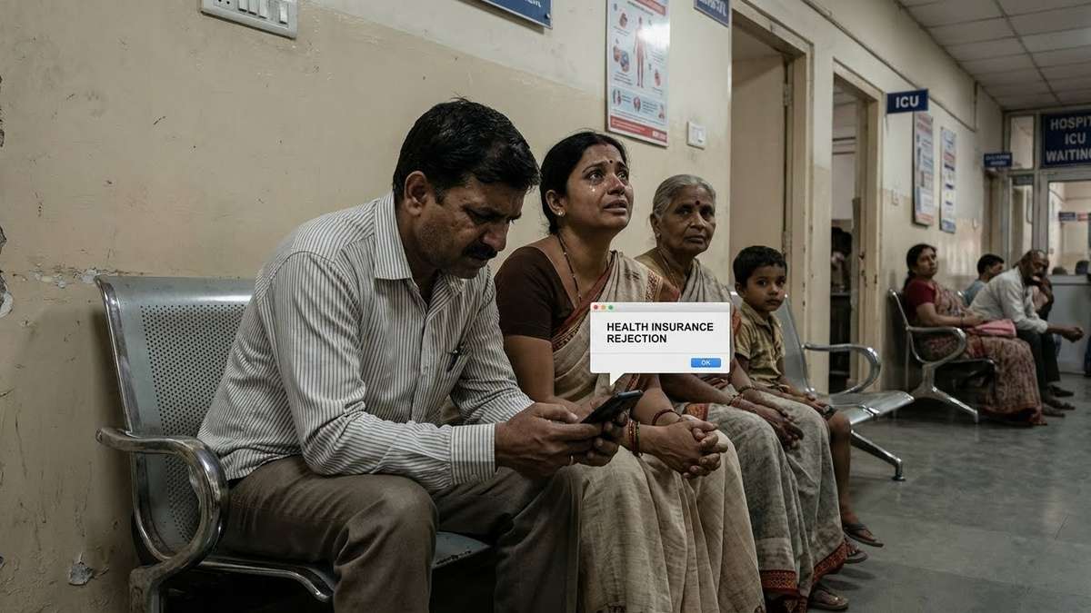 Indian middle-class family sitting outside ICU waiting area, father stressed looking at hospital bill on phone, mother worried, insurance rejection message on screen