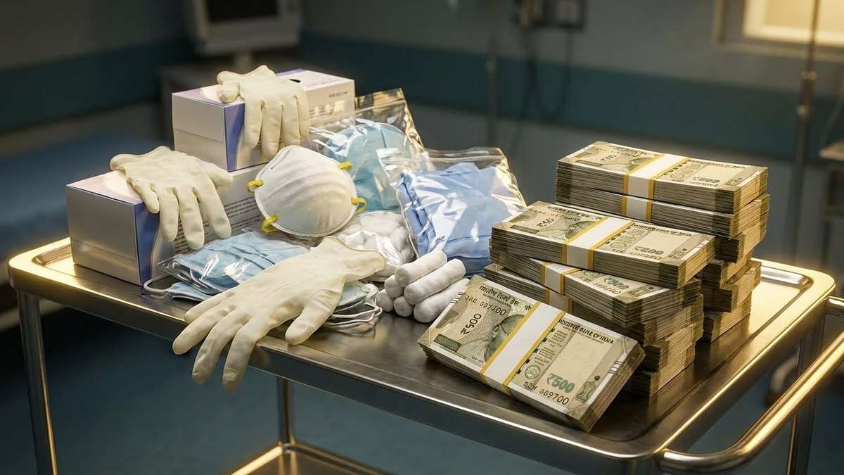 A pile of medical consumables like surgical gloves, N95 masks, PPE kits, and cotton rolls. Next to this pile is a significant stack of Indian 500 Rupee notes