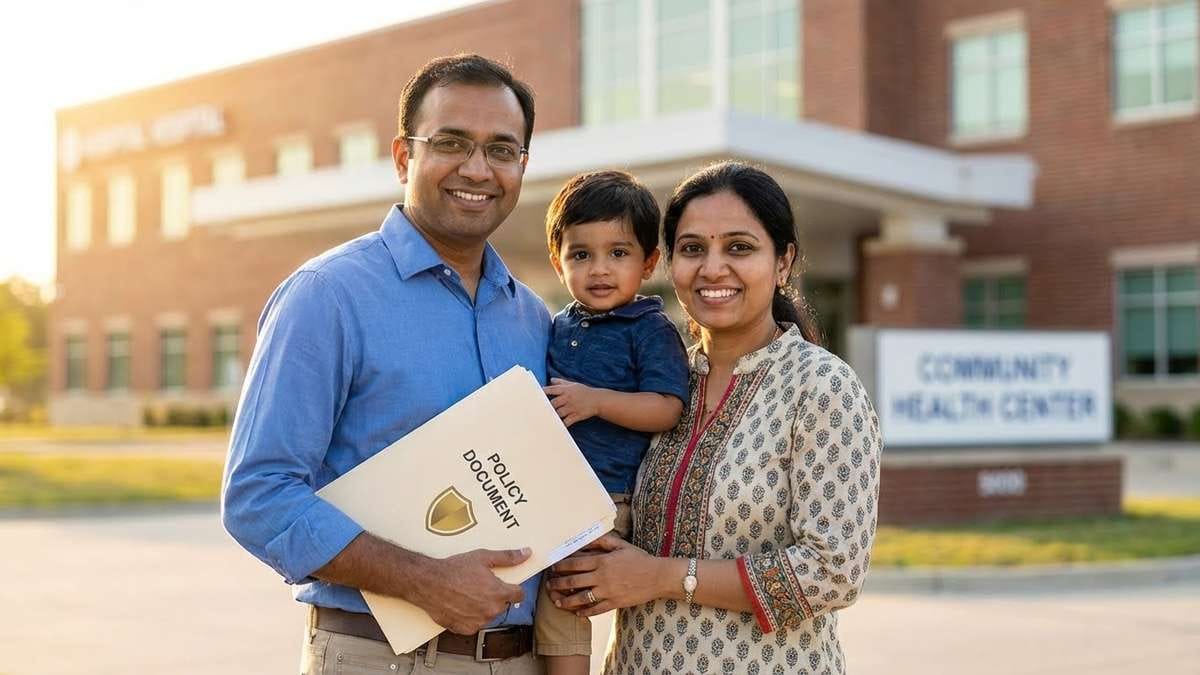A confident Indian family (Father, Mother, and Child) standing outside a hospital building in the daylight, looking happy and relieved. The father is holding a document folder labeled "Policy Document" with a shield icon on it