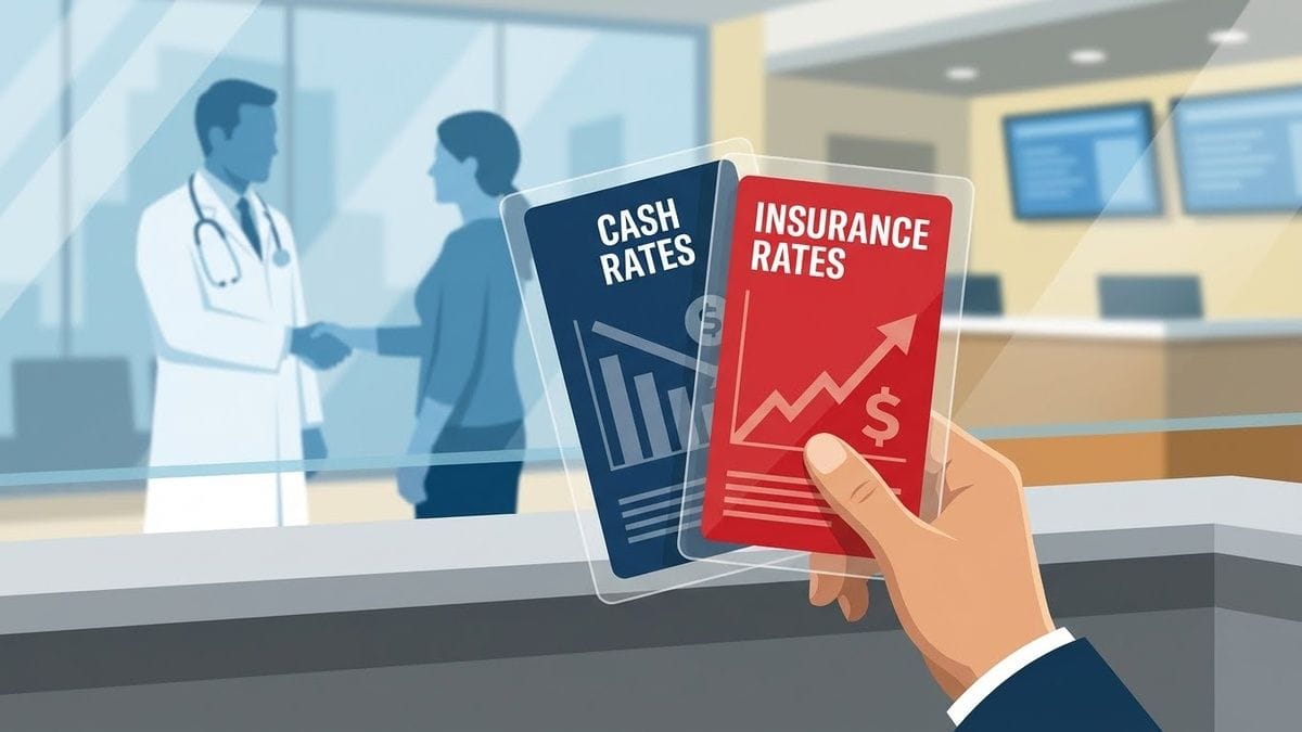 A hand holding two different menu cards. One card is blue and says "Cash Rates", the other card is red and says "Insurance Rates"