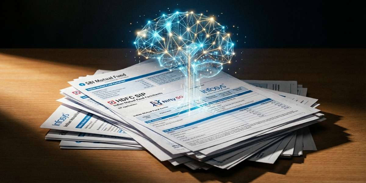 stack of Indian mutual fund factsheets and SIP documents on a desk, from which a powerful transparent AI neural structure emerges