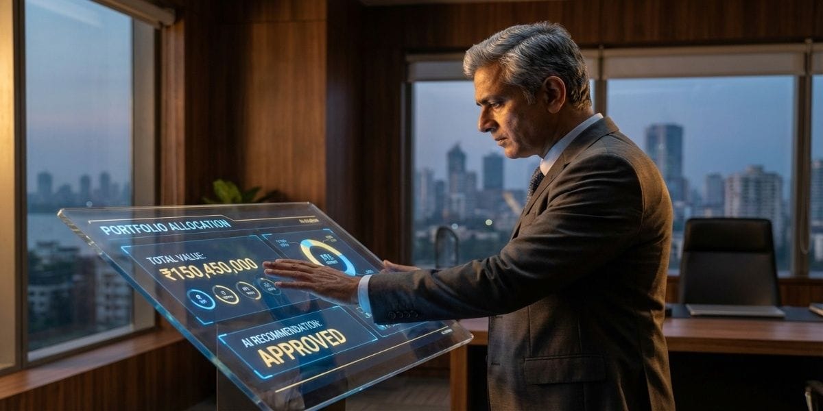fund manager placing hand over AI-powered investment console displaying portfolio allocation