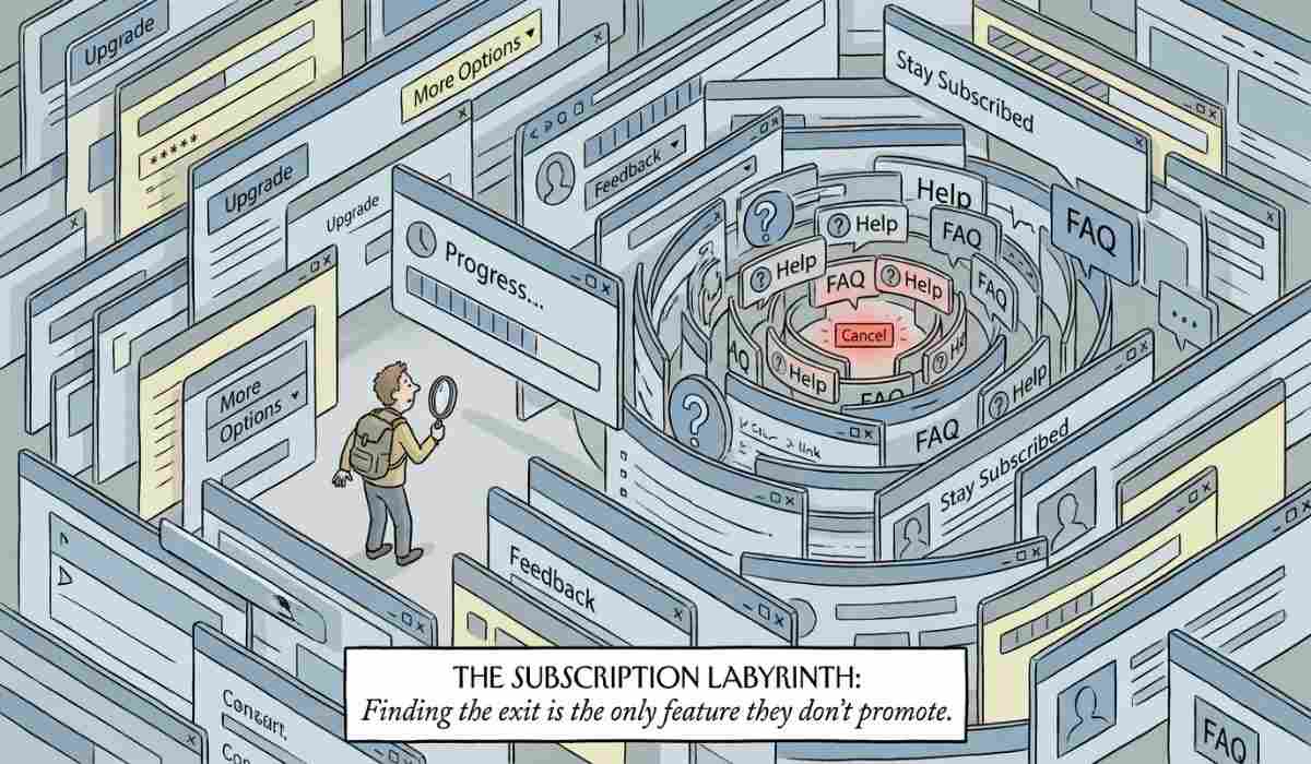 Editorial illustration of dark patterns in subscription apps showing user trapped in UI maze unable to find cancel button India