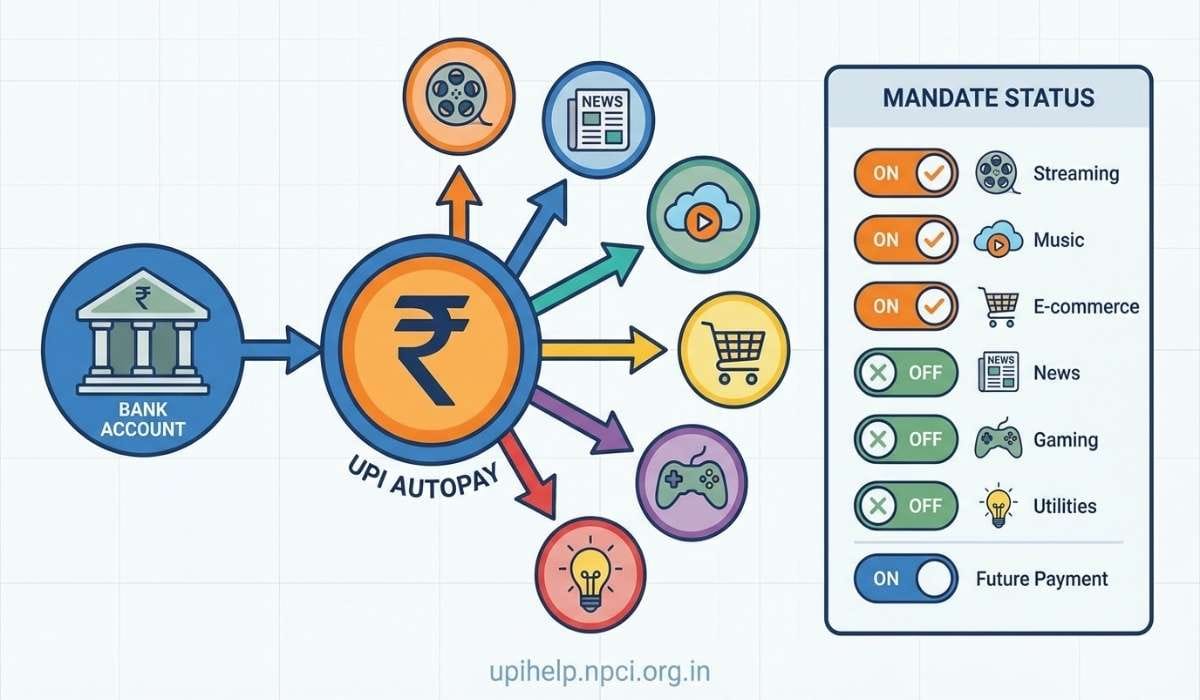 UPI Autopay e-mandate flow diagram showing bank account connected to multiple subscriptions with NPCI portal toggle controls